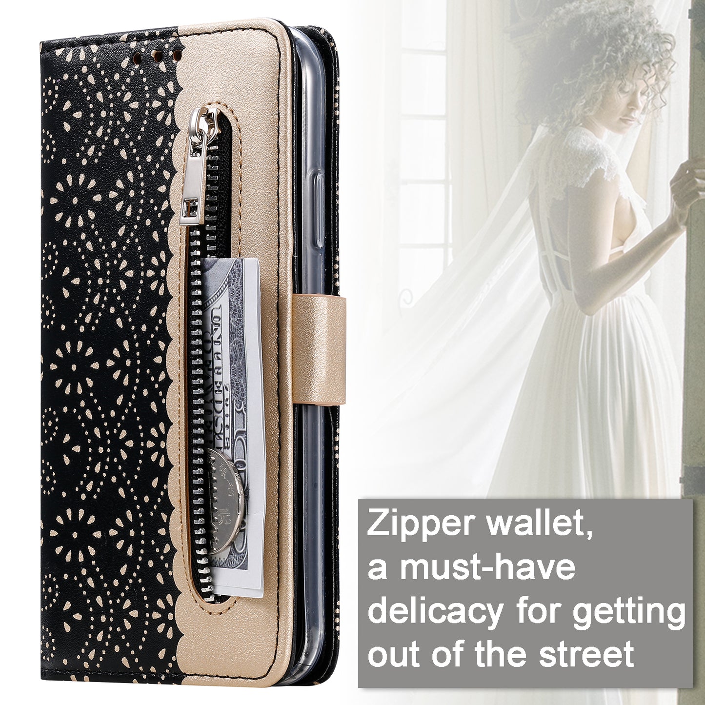 Lace Flower Zipper Pocket Leather Wallet Phone Case for iPhone XS Max