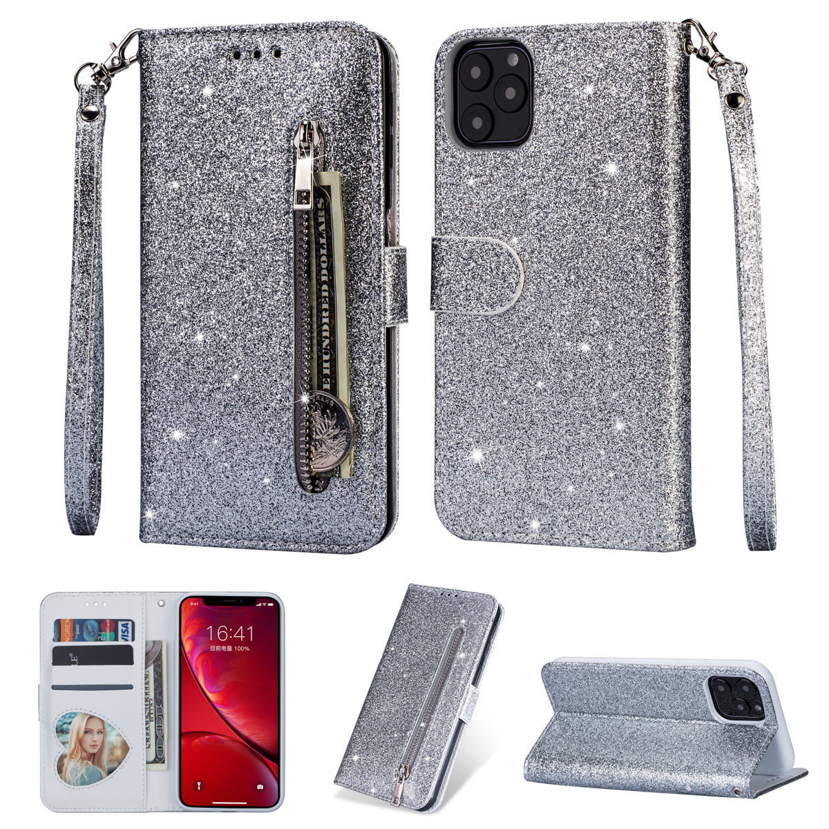 Flash Powder Zippered Stand Leather Wallet Cover with Strap for iPhone 11 6.1-inch (2019)