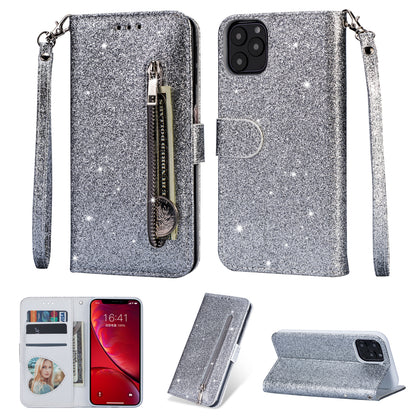 Flash Powder Zippered Stand Leather Wallet Cover with Strap for iPhone 11 6.1-inch (2019)