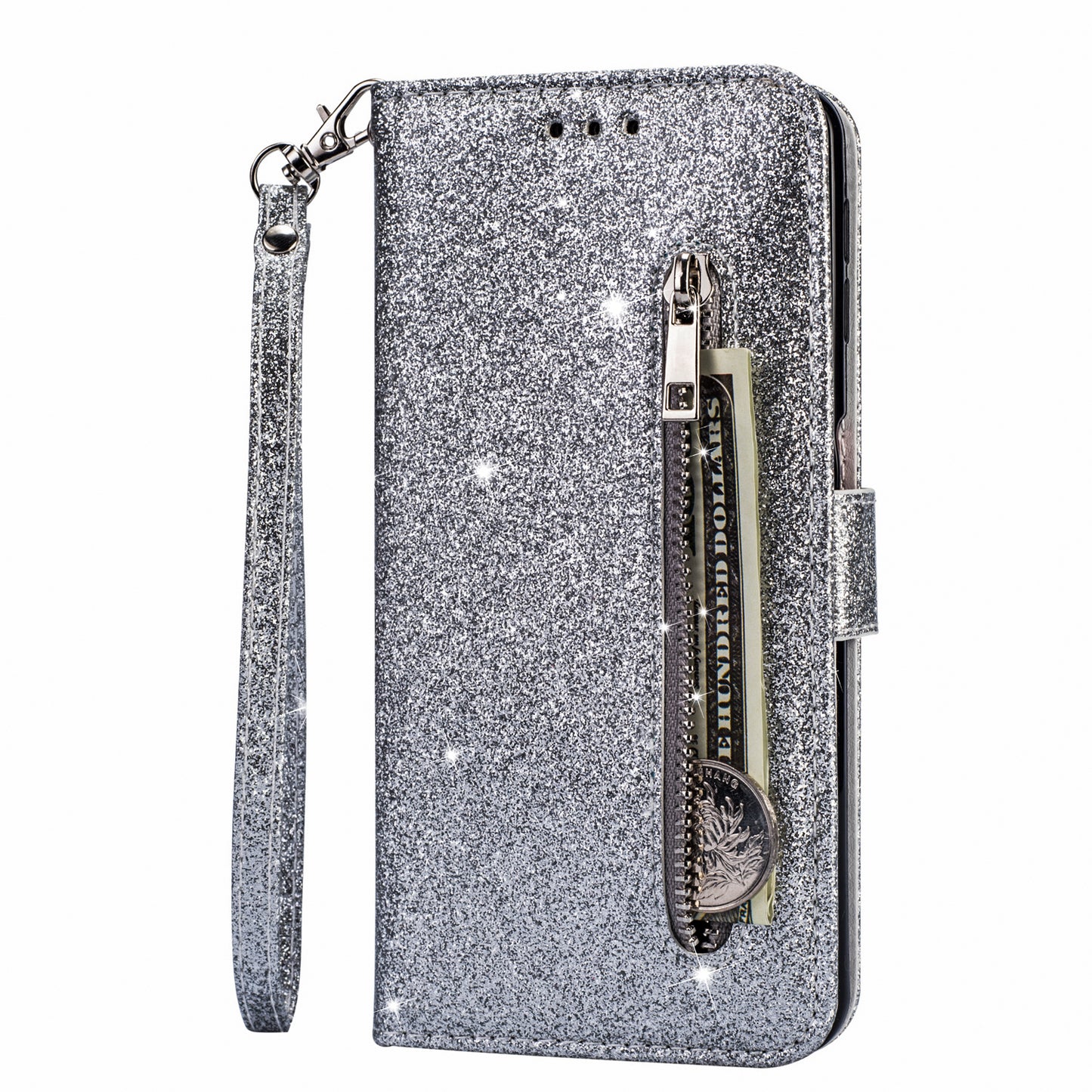 Flash Powder Zippered Stand Leather Wallet Cover with Strap for iPhone 11 6.1-inch (2019)