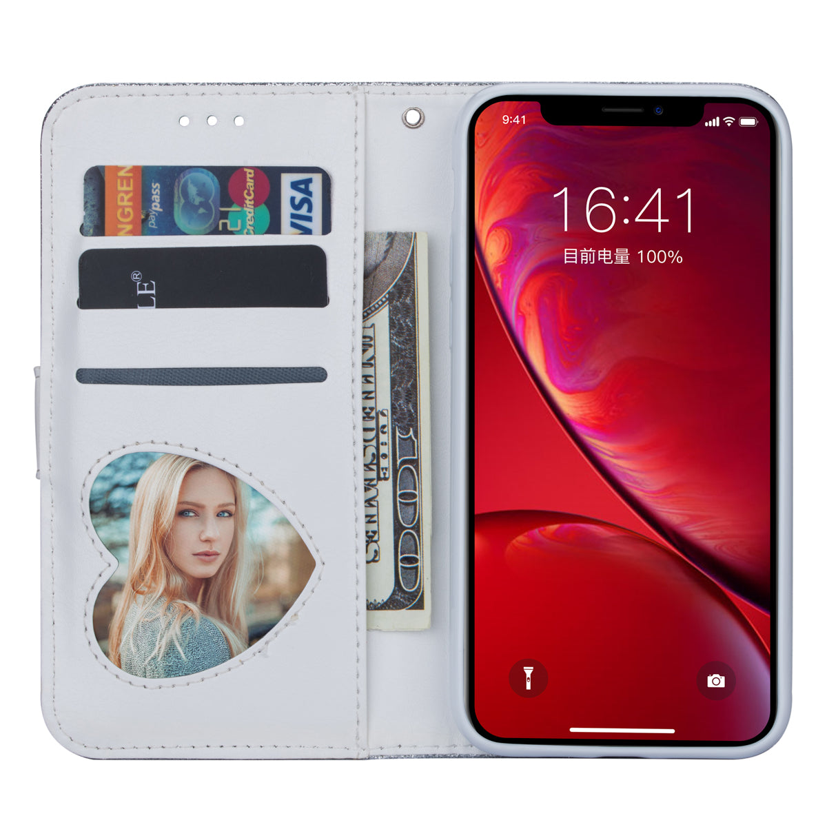 Flash Powder Zippered Stand Leather Wallet Cover with Strap for iPhone 11 6.1-inch (2019)