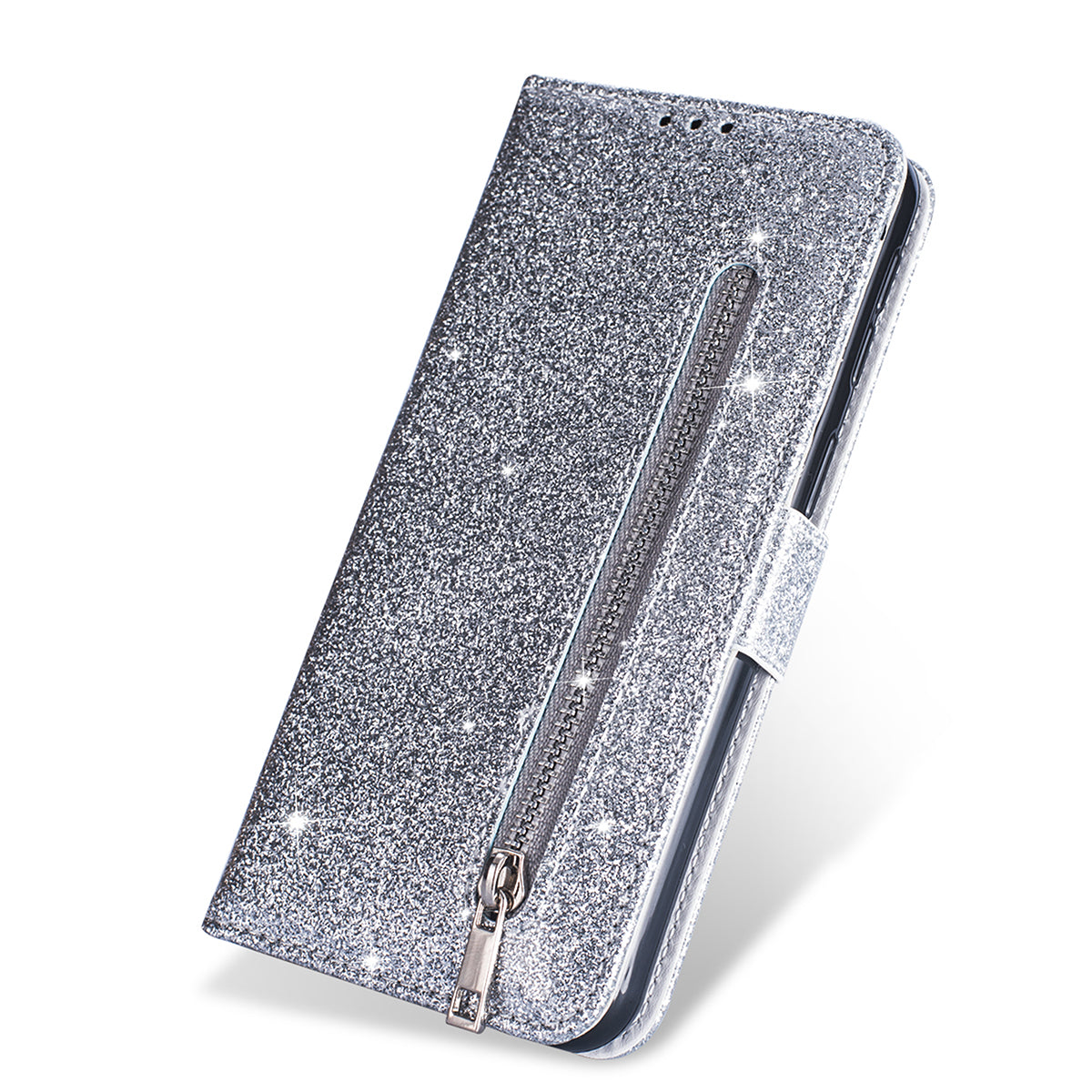 Flash Powder Zippered Stand Leather Wallet Cover with Strap for iPhone 11 6.1-inch (2019)
