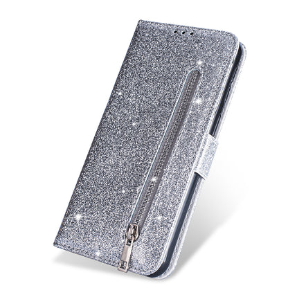 Flash Powder Zippered Stand Leather Wallet Cover with Strap for iPhone 11 6.1-inch (2019)