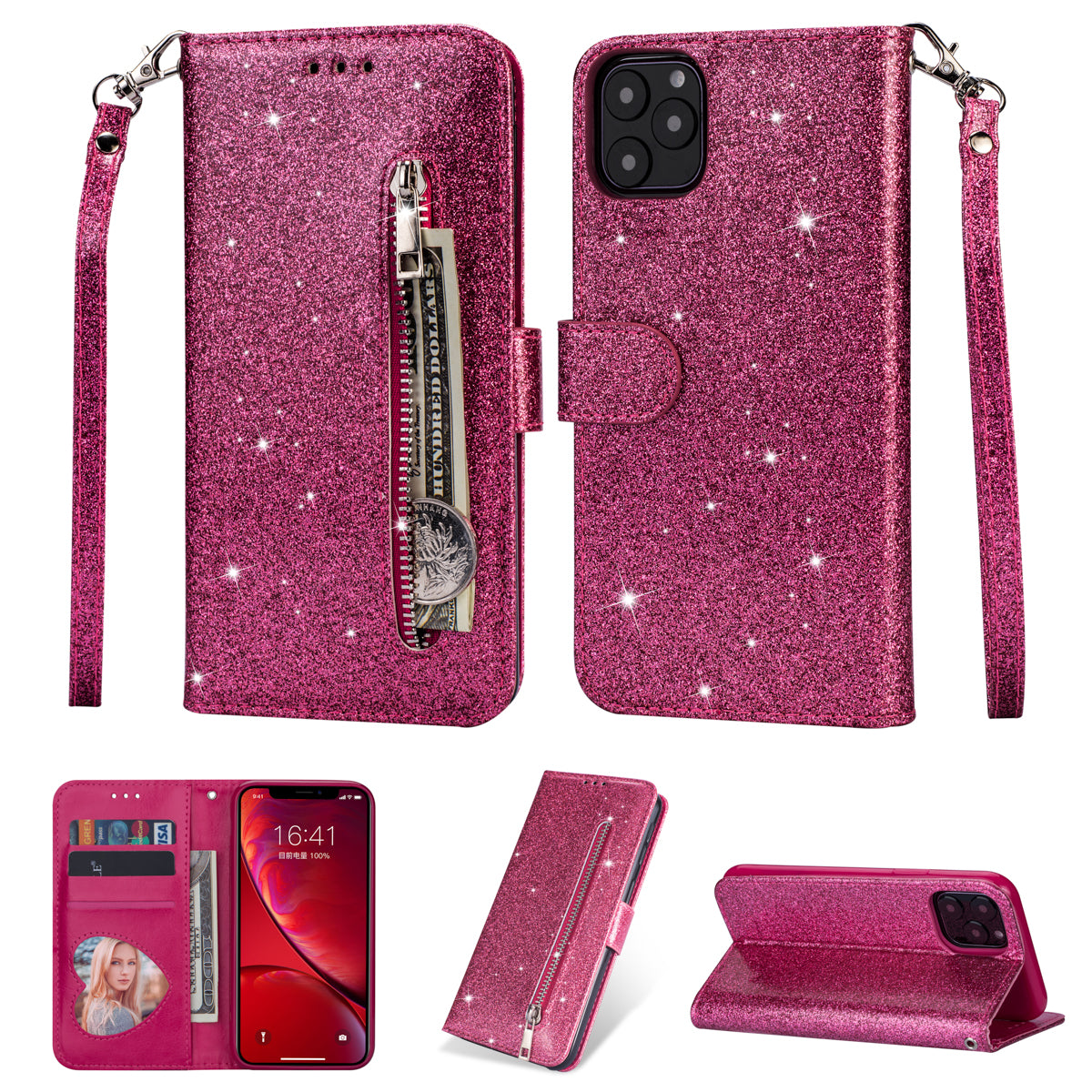 Flash Powder Zippered Stand Leather Wallet Cover with Strap for iPhone 11 6.1-inch (2019)