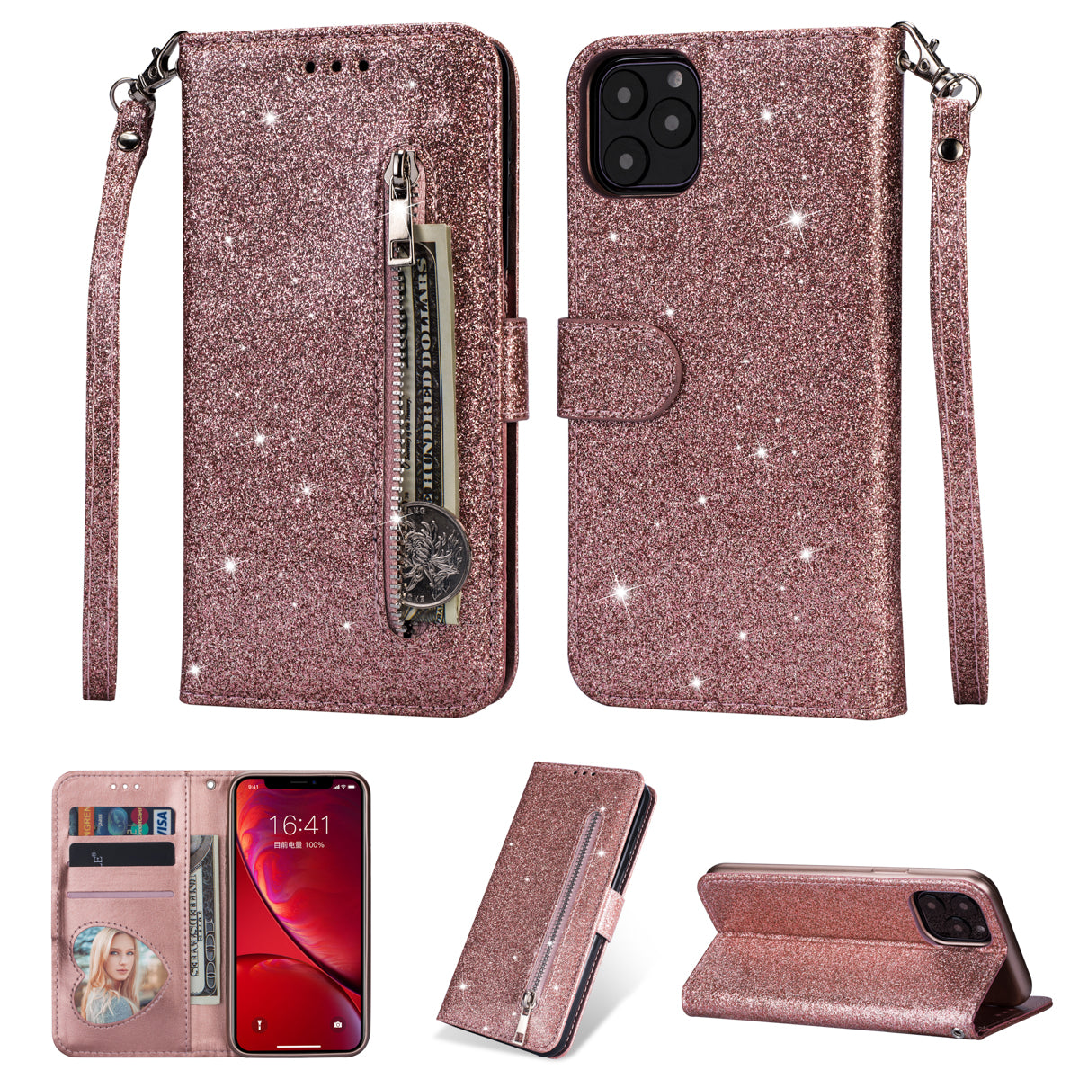 Flash Powder Zippered Stand Leather Wallet Cover with Strap for iPhone 11 6.1-inch (2019)