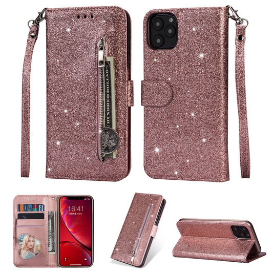 Flash Powder Zippered Stand Leather Wallet Cover with Strap for iPhone 11 6.1-inch (2019)