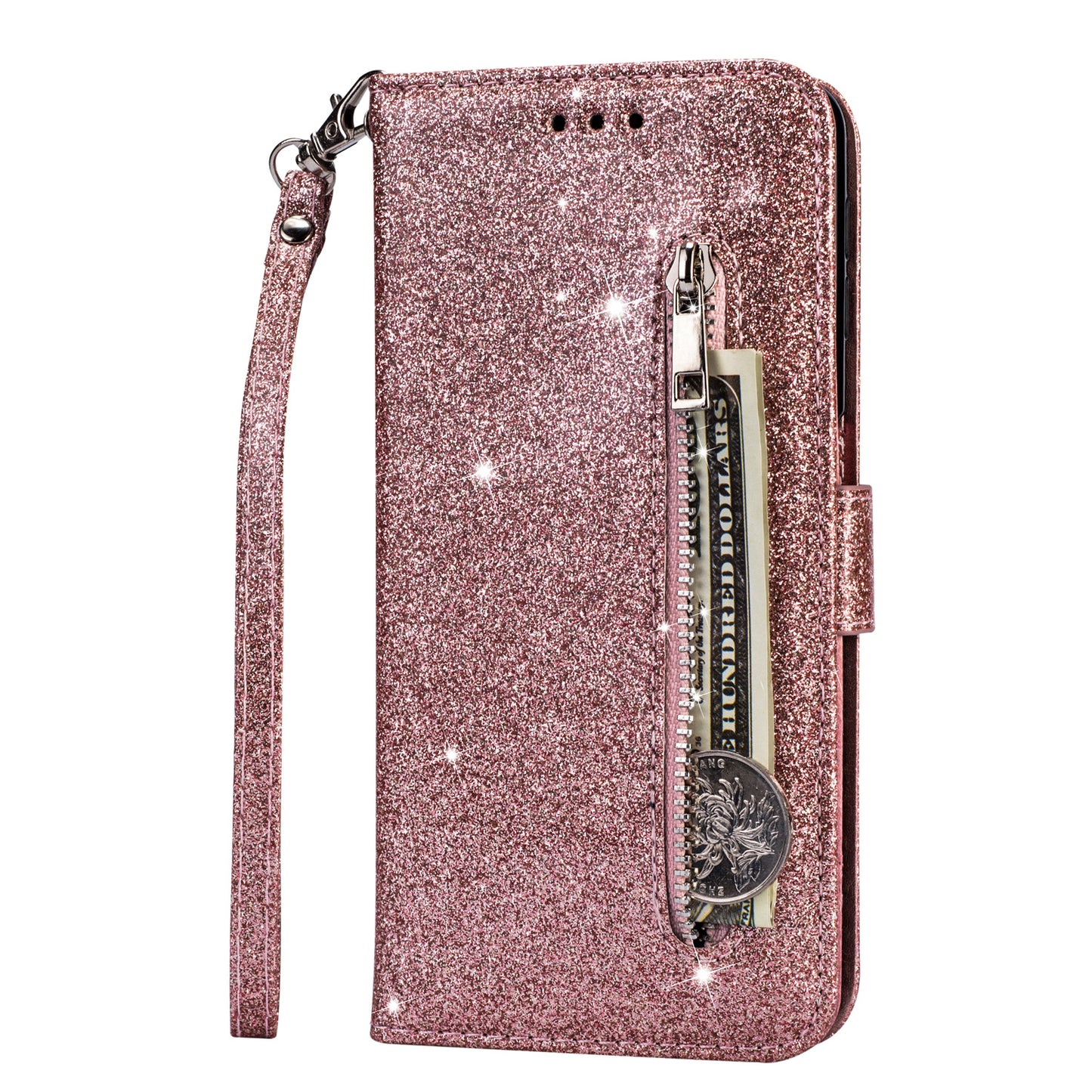Flash Powder Zippered Stand Leather Wallet Cover with Strap for iPhone 11 6.1-inch (2019)