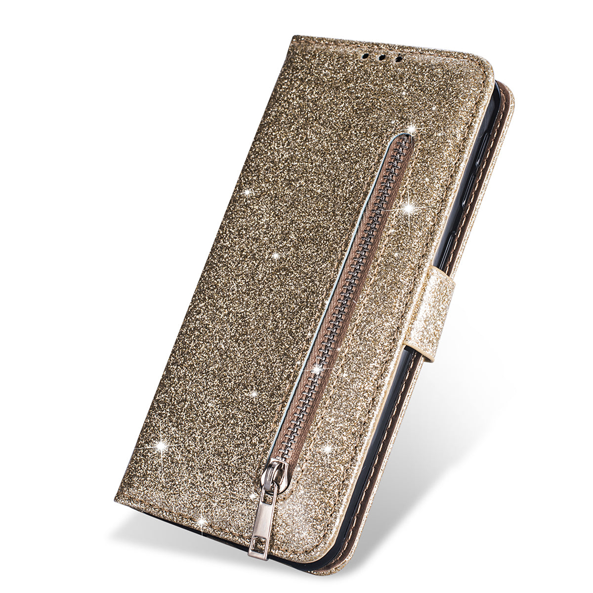 Flash Powder Zippered Stand Leather Wallet Cover with Strap for iPhone 11 6.1-inch (2019)