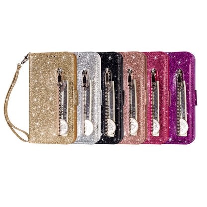 Flash Powder Zipper Pocket Wallet Flip Leather Phone Cover with Strap for iPhone 11 Pro 5.8 inch (2019)