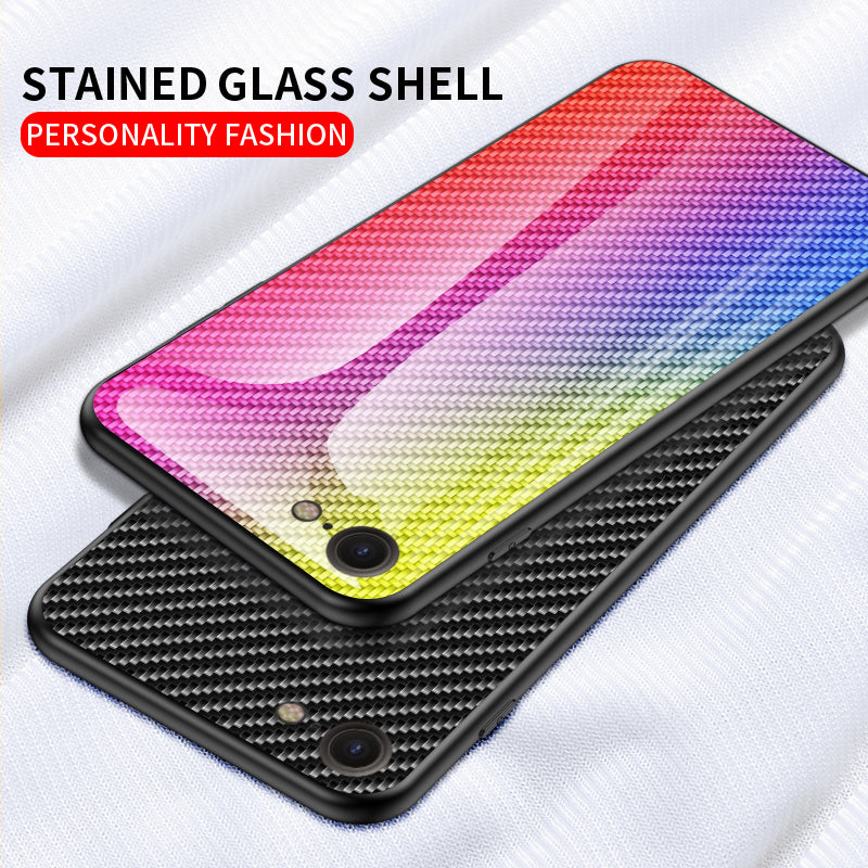 Carbon Fiber Skin Tempered Glass + PC + TPU Cell Case for iPhone 8/7/SE (2020)/SE (2022)