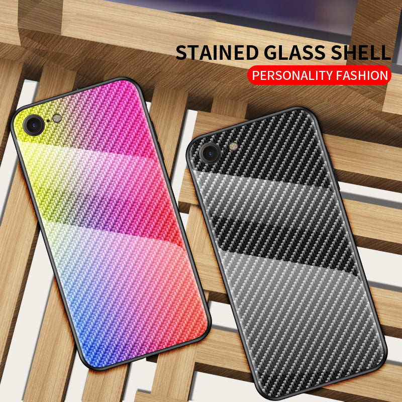Carbon Fiber Skin Tempered Glass + PC + TPU Cell Case for iPhone 8/7/SE (2020)/SE (2022)