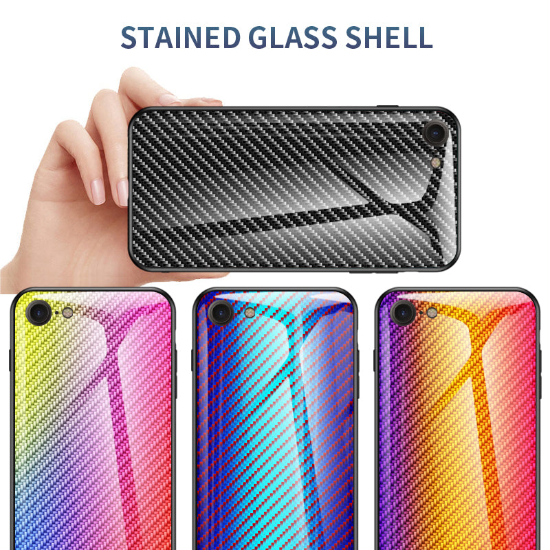 Carbon Fiber Skin Tempered Glass + PC + TPU Cell Case for iPhone 8/7/SE (2020)/SE (2022)