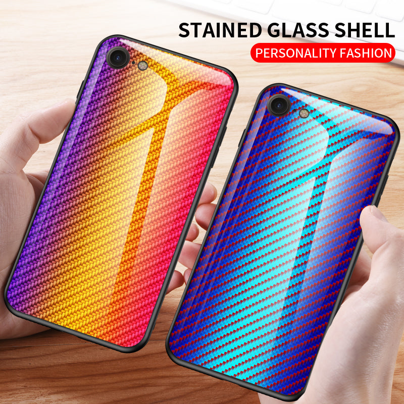 Carbon Fiber Skin Tempered Glass + PC + TPU Cell Case for iPhone 8/7/SE (2020)/SE (2022)