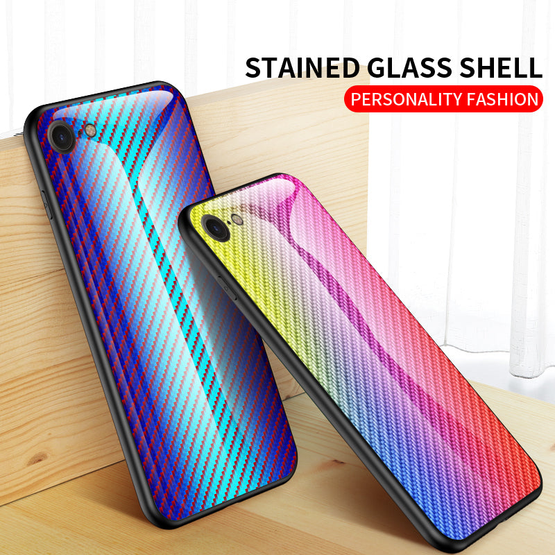 Carbon Fiber Skin Tempered Glass + PC + TPU Cell Case for iPhone 8/7/SE (2020)/SE (2022)