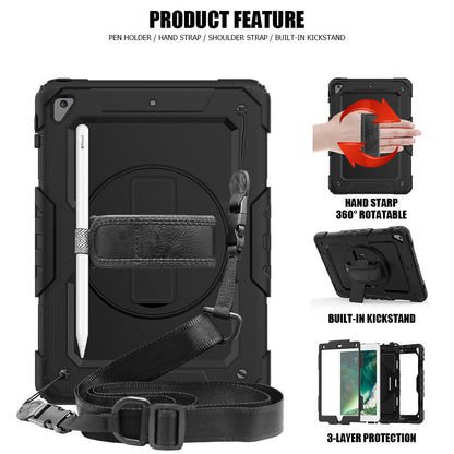 For iPad 9.7-inch (2018)/(2017)/Air 2/iPad Pro 9.7 inch (2016) 360Â° Swivel Handy Strap Kickstand Tablet Case PC Silicone Cover with Shoulder Strap