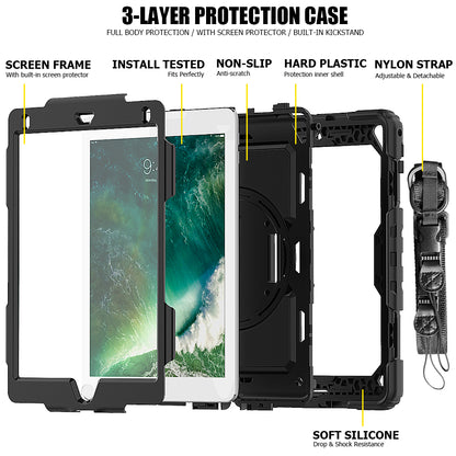 For iPad 9.7-inch (2018)/(2017)/Air 2/iPad Pro 9.7 inch (2016) 360Â° Swivel Handy Strap Kickstand Tablet Case PC Silicone Cover with Shoulder Strap