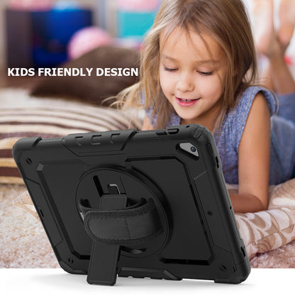 For iPad 9.7-inch (2018)/(2017)/Air 2/iPad Pro 9.7 inch (2016) 360Â° Swivel Handy Strap Kickstand Tablet Case PC Silicone Cover with Shoulder Strap