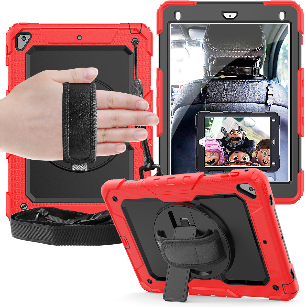 For iPad 9.7-inch (2018)/(2017)/Air 2/iPad Pro 9.7 inch (2016) 360° Swivel Handy Strap Kickstand Tablet Case PC Silicone Cover with Shoulder Strap