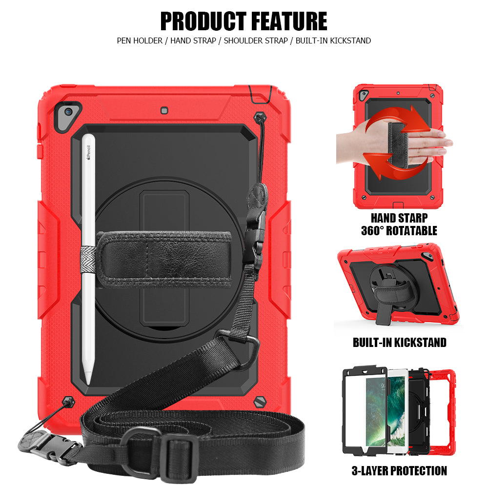For iPad 9.7-inch (2018)/(2017)/Air 2/iPad Pro 9.7 inch (2016) 360Â° Swivel Handy Strap Kickstand Tablet Case PC Silicone Cover with Shoulder Strap
