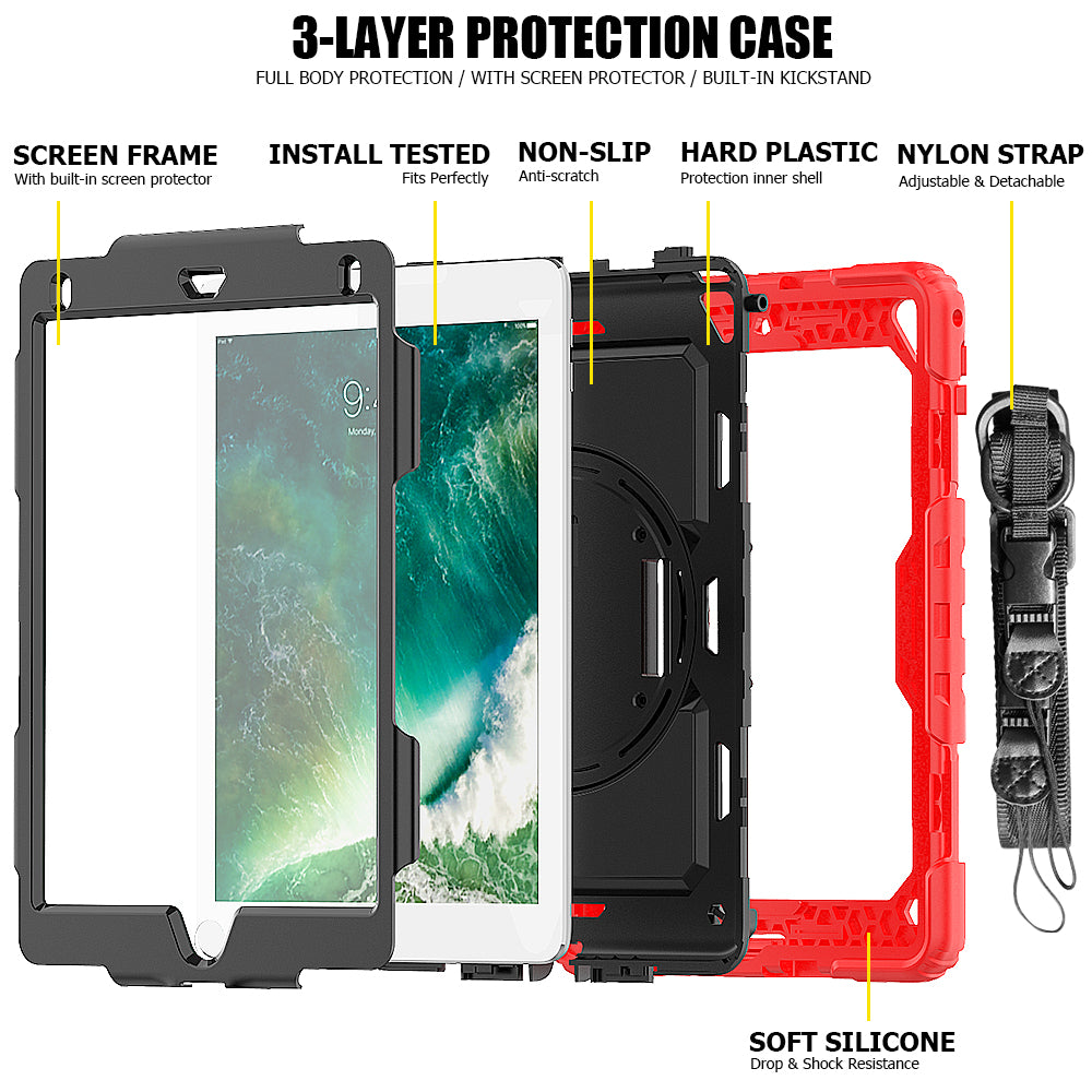For iPad 9.7-inch (2018)/(2017)/Air 2/iPad Pro 9.7 inch (2016) 360Â° Swivel Handy Strap Kickstand Tablet Case PC Silicone Cover with Shoulder Strap