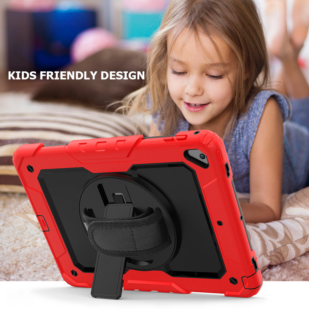 For iPad 9.7-inch (2018)/(2017)/Air 2/iPad Pro 9.7 inch (2016) 360Â° Swivel Handy Strap Kickstand Tablet Case PC Silicone Cover with Shoulder Strap