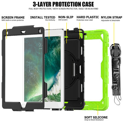 For iPad 9.7-inch (2018)/(2017)/Air 2/iPad Pro 9.7 inch (2016) 360Â° Swivel Handy Strap Kickstand Tablet Case PC Silicone Cover with Shoulder Strap