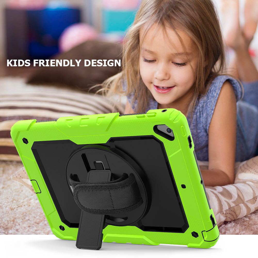For iPad 9.7-inch (2018)/(2017)/Air 2/iPad Pro 9.7 inch (2016) 360Â° Swivel Handy Strap Kickstand Tablet Case PC Silicone Cover with Shoulder Strap