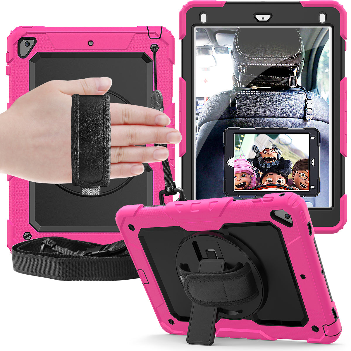 For iPad 9.7-inch (2018)/(2017)/Air 2/iPad Pro 9.7 inch (2016) 360° Swivel Handy Strap Kickstand Tablet Case PC Silicone Cover with Shoulder Strap