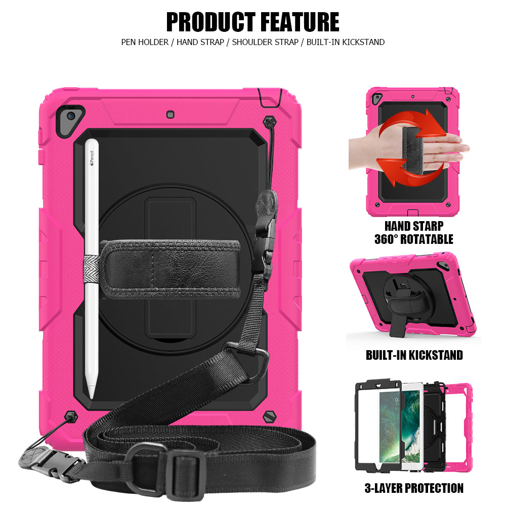 For iPad 9.7-inch (2018)/(2017)/Air 2/iPad Pro 9.7 inch (2016) 360Â° Swivel Handy Strap Kickstand Tablet Case PC Silicone Cover with Shoulder Strap