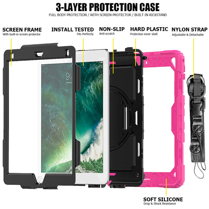 For iPad 9.7-inch (2018)/(2017)/Air 2/iPad Pro 9.7 inch (2016) 360Â° Swivel Handy Strap Kickstand Tablet Case PC Silicone Cover with Shoulder Strap