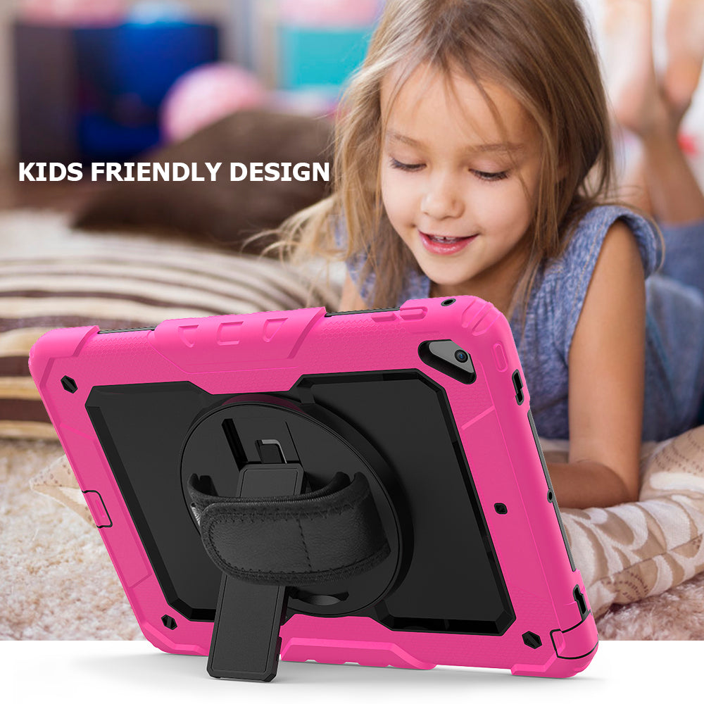 For iPad 9.7-inch (2018)/(2017)/Air 2/iPad Pro 9.7 inch (2016) 360Â° Swivel Handy Strap Kickstand Tablet Case PC Silicone Cover with Shoulder Strap