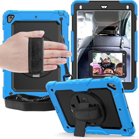 For iPad 9.7-inch (2018)/(2017)/Air 2/iPad Pro 9.7 inch (2016) 360° Swivel Handy Strap Kickstand Tablet Case PC Silicone Cover with Shoulder Strap