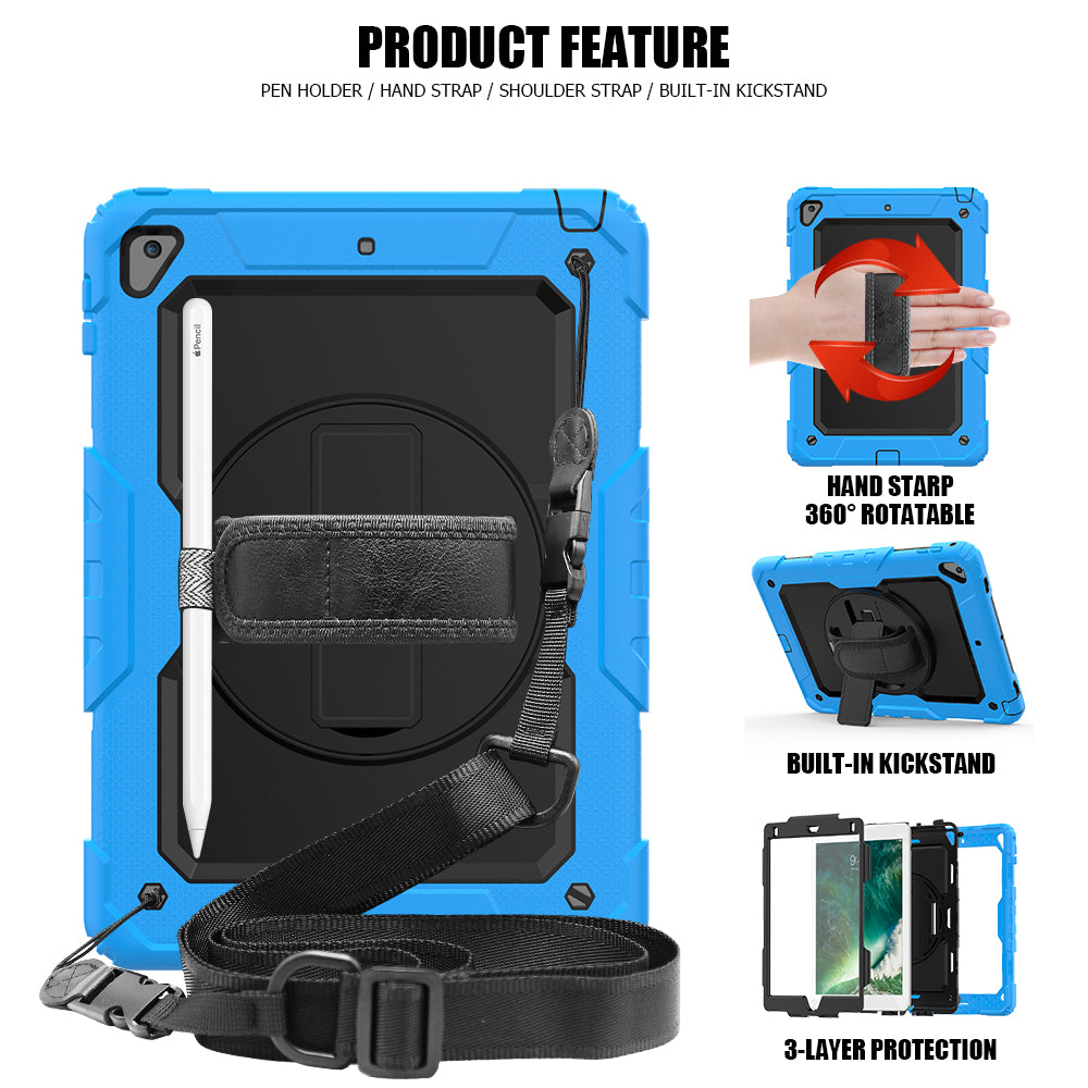 For iPad 9.7-inch (2018)/(2017)/Air 2/iPad Pro 9.7 inch (2016) 360Â° Swivel Handy Strap Kickstand Tablet Case PC Silicone Cover with Shoulder Strap