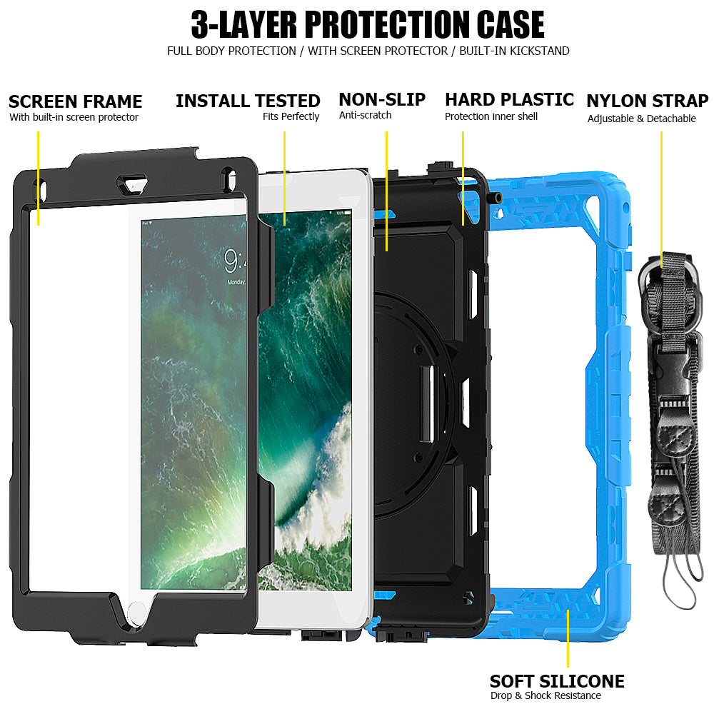 For iPad 9.7-inch (2018)/(2017)/Air 2/iPad Pro 9.7 inch (2016) 360Â° Swivel Handy Strap Kickstand Tablet Case PC Silicone Cover with Shoulder Strap