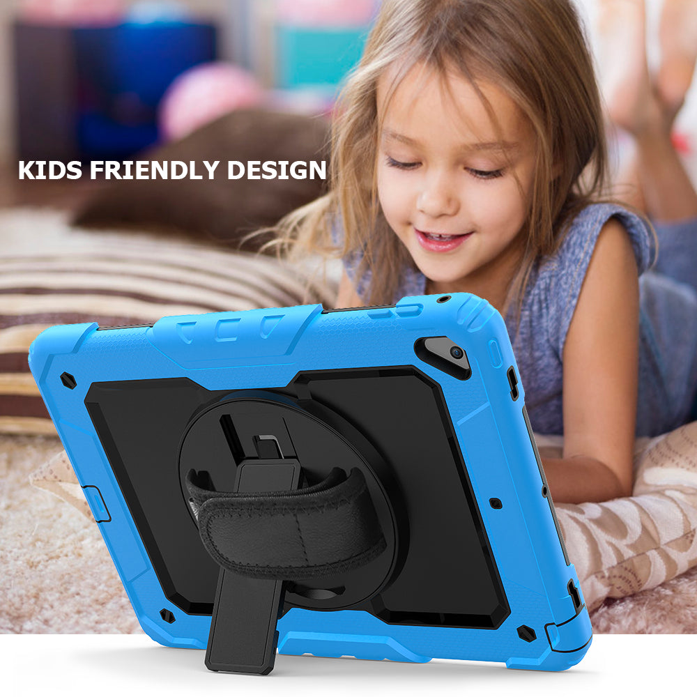 For iPad 9.7-inch (2018)/(2017)/Air 2/iPad Pro 9.7 inch (2016) 360Â° Swivel Handy Strap Kickstand Tablet Case PC Silicone Cover with Shoulder Strap