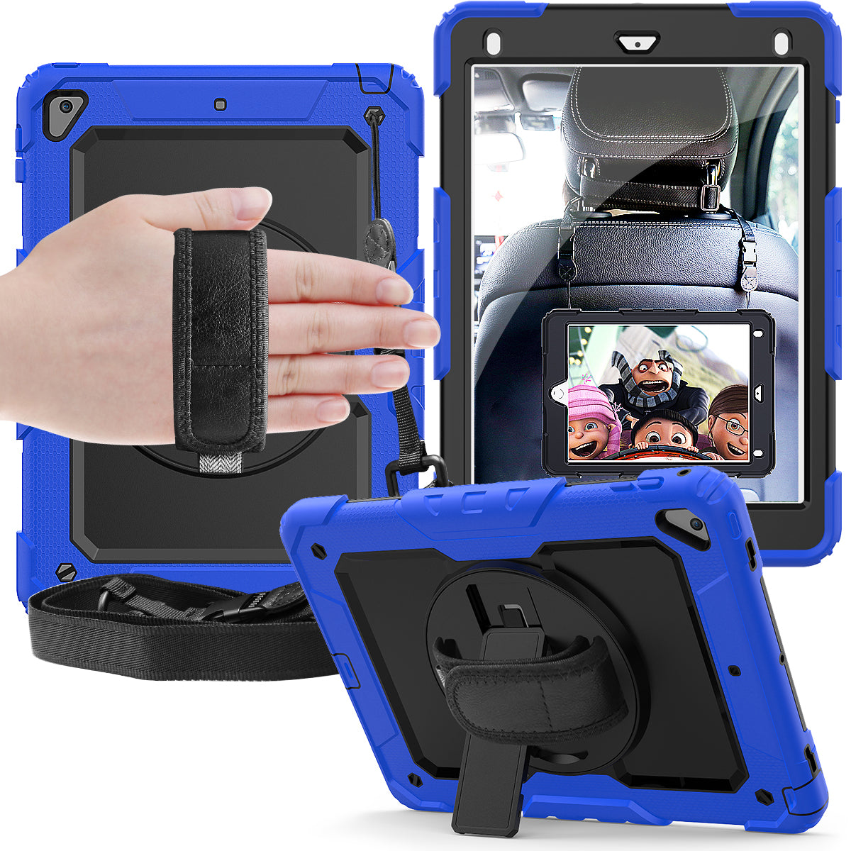 For iPad 9.7-inch (2018)/(2017)/Air 2/iPad Pro 9.7 inch (2016) 360° Swivel Handy Strap Kickstand Tablet Case PC Silicone Cover with Shoulder Strap