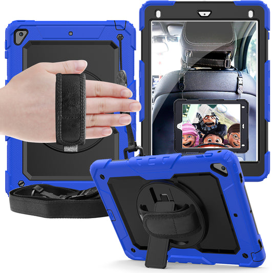 For iPad 9.7-inch (2018)/(2017)/Air 2/iPad Pro 9.7 inch (2016) 360° Swivel Handy Strap Kickstand Tablet Case PC Silicone Cover with Shoulder Strap