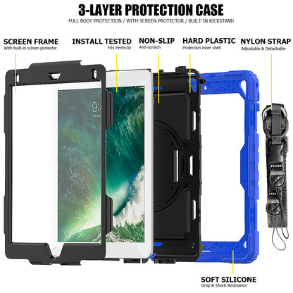 For iPad 9.7-inch (2018)/(2017)/Air 2/iPad Pro 9.7 inch (2016) 360Â° Swivel Handy Strap Kickstand Tablet Case PC Silicone Cover with Shoulder Strap