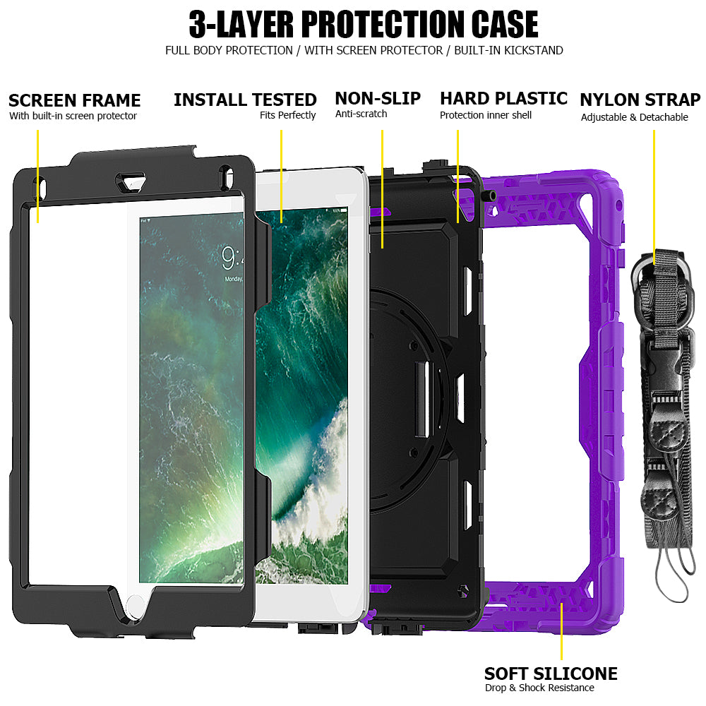 For iPad 9.7-inch (2018)/(2017)/Air 2/iPad Pro 9.7 inch (2016) 360Â° Swivel Handy Strap Kickstand Tablet Case PC Silicone Cover with Shoulder Strap