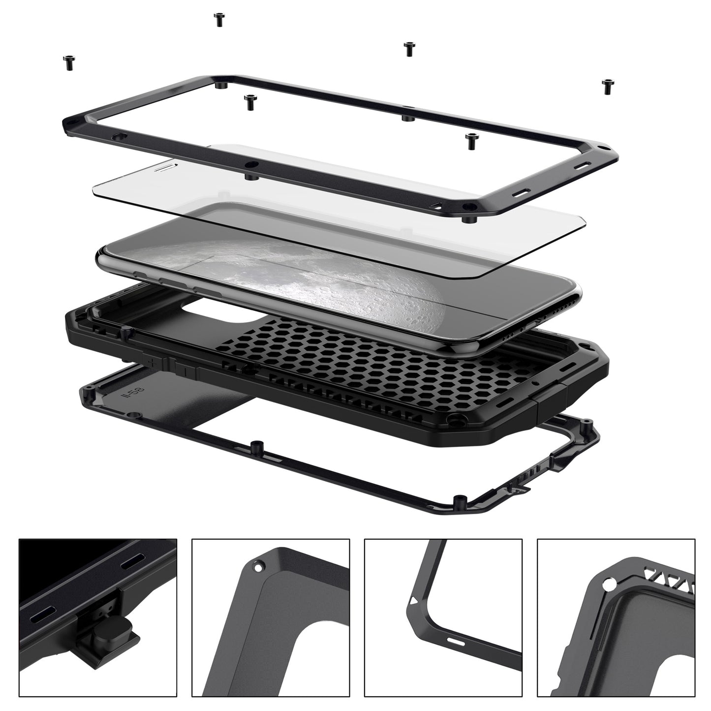 Tank Style Metal + Silicone + Tempered Glass 360Â° Full Protection Shell for iPhone 11 Pro 5.8 inch (2019)