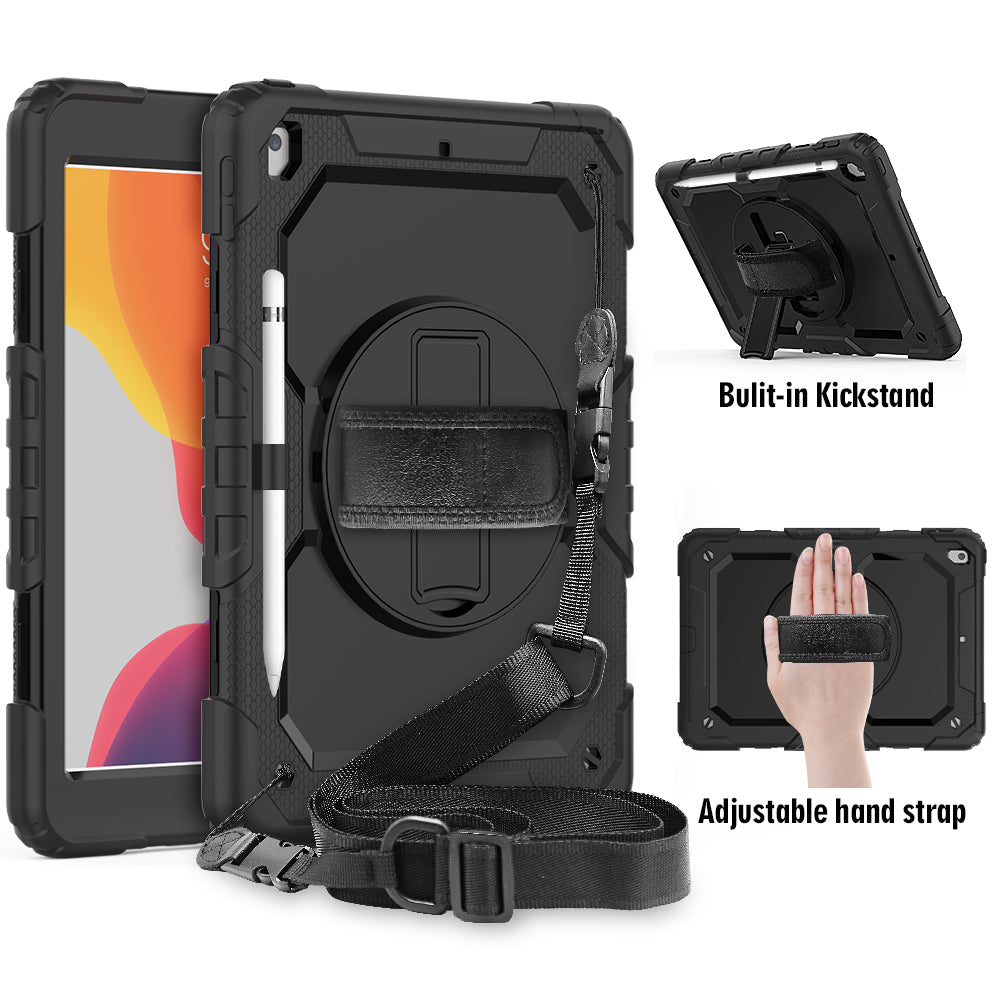For iPad 10.2 (2020)/(2019) 360° Swivel Kickstand PC + Silicone Tablet Case Hand Strap Protective Cover with Shoulder Strap