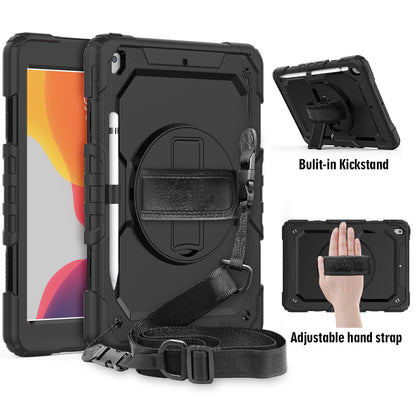 For iPad 10.2 (2020)/(2019) 360° Swivel Kickstand PC + Silicone Tablet Case Hand Strap Protective Cover with Shoulder Strap