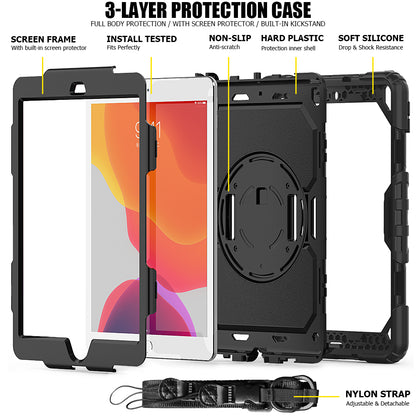 For iPad 10.2 (2020)/(2019) 360Â° Swivel Kickstand PC + Silicone Tablet Case Hand Strap Protective Cover with Shoulder Strap