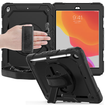 For iPad 10.2 (2020)/(2019) 360Â° Swivel Kickstand PC + Silicone Tablet Case Hand Strap Protective Cover with Shoulder Strap