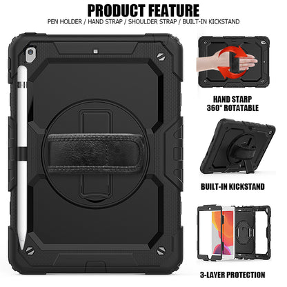 For iPad 10.2 (2020)/(2019) 360Â° Swivel Kickstand PC + Silicone Tablet Case Hand Strap Protective Cover with Shoulder Strap
