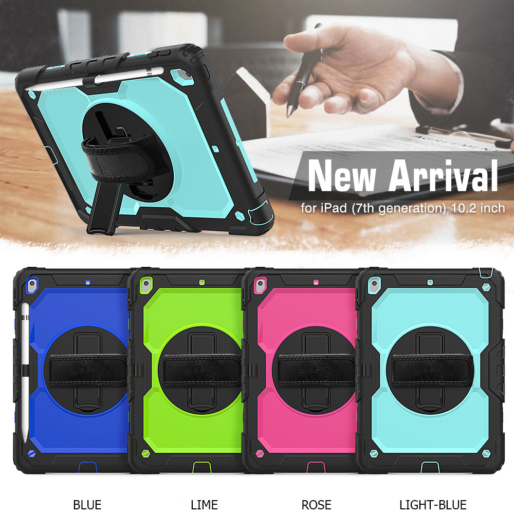 For iPad 10.2 (2020)/(2019) 360Â° Swivel Kickstand PC + Silicone Tablet Case Hand Strap Protective Cover with Shoulder Strap