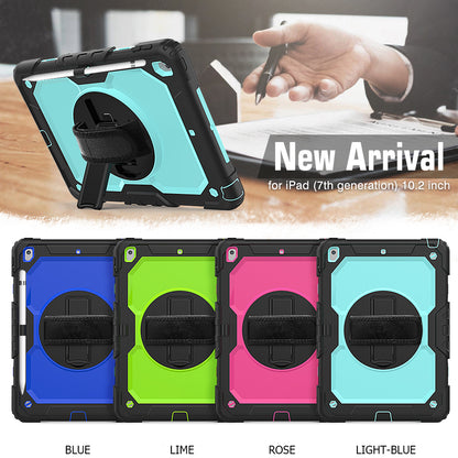 For iPad 10.2 (2020)/(2019) 360Â° Swivel Kickstand PC + Silicone Tablet Case Hand Strap Protective Cover with Shoulder Strap