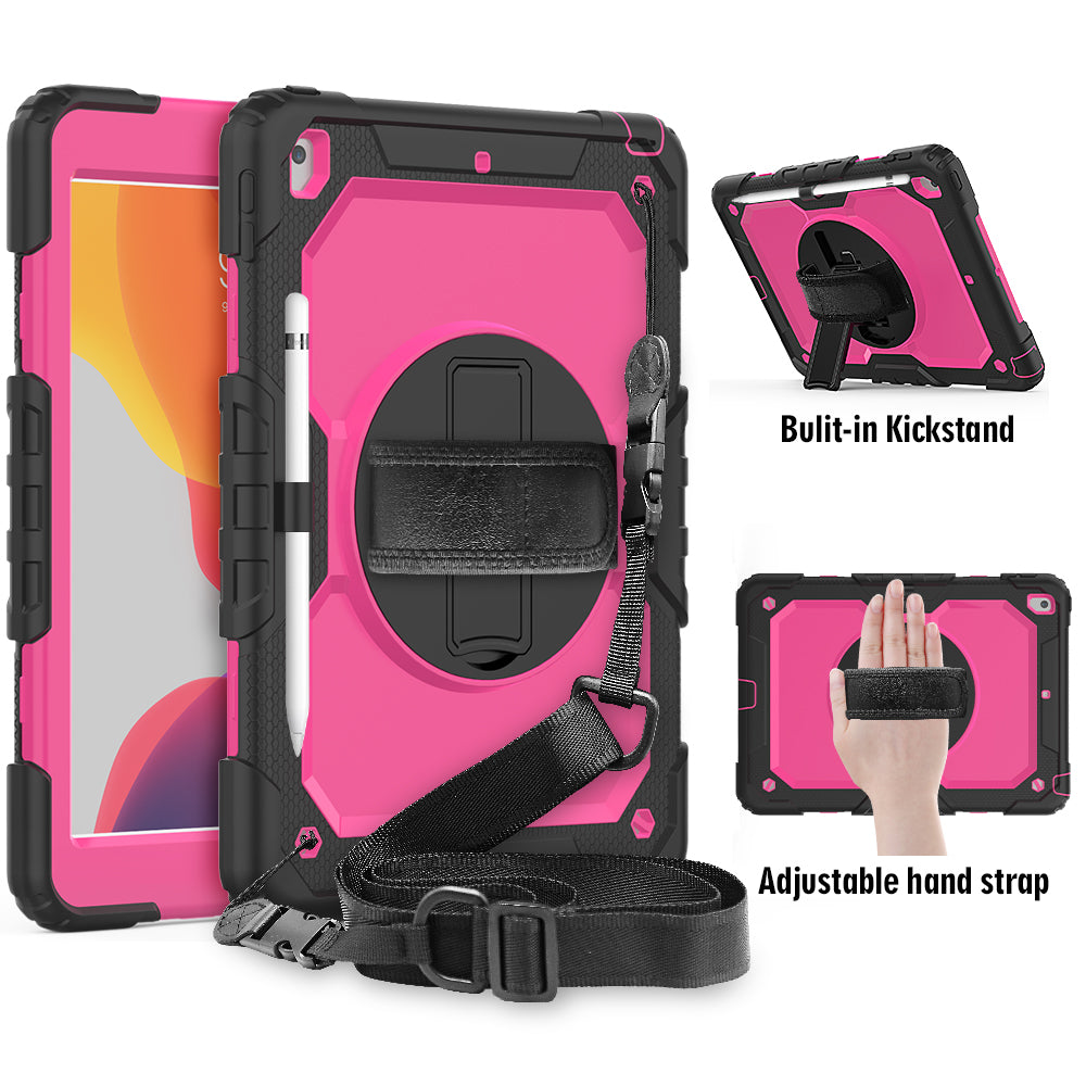 For iPad 10.2 (2020)/(2019) 360° Swivel Kickstand PC + Silicone Tablet Case Hand Strap Protective Cover with Shoulder Strap