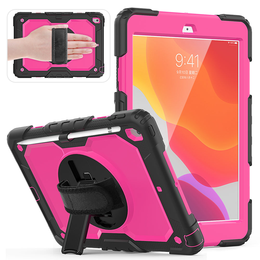 For iPad 10.2 (2020)/(2019) 360Â° Swivel Kickstand PC + Silicone Tablet Case Hand Strap Protective Cover with Shoulder Strap
