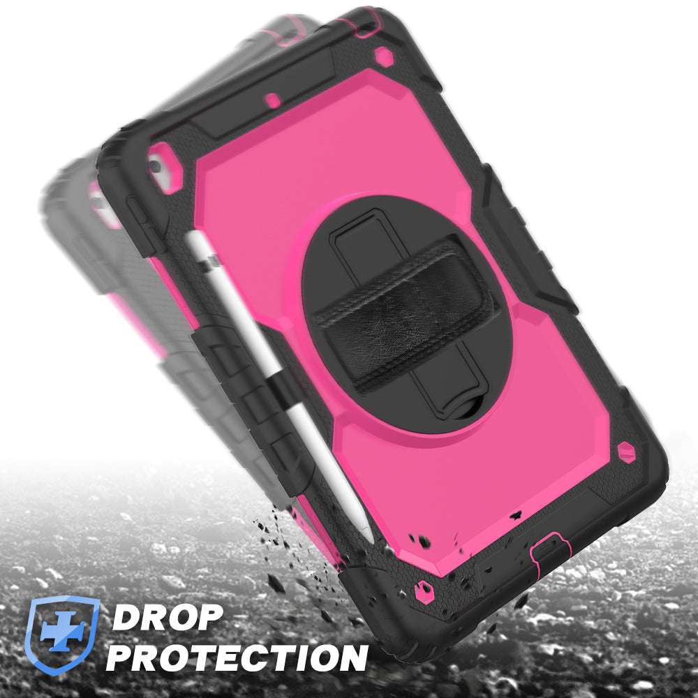 For iPad 10.2 (2020)/(2019) 360Â° Swivel Kickstand PC + Silicone Tablet Case Hand Strap Protective Cover with Shoulder Strap
